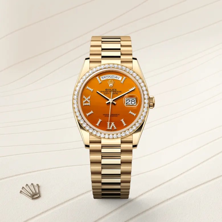ロレックス デイデイト 36 オイスター、36 mm、イエローゴールド、ダイヤモンド