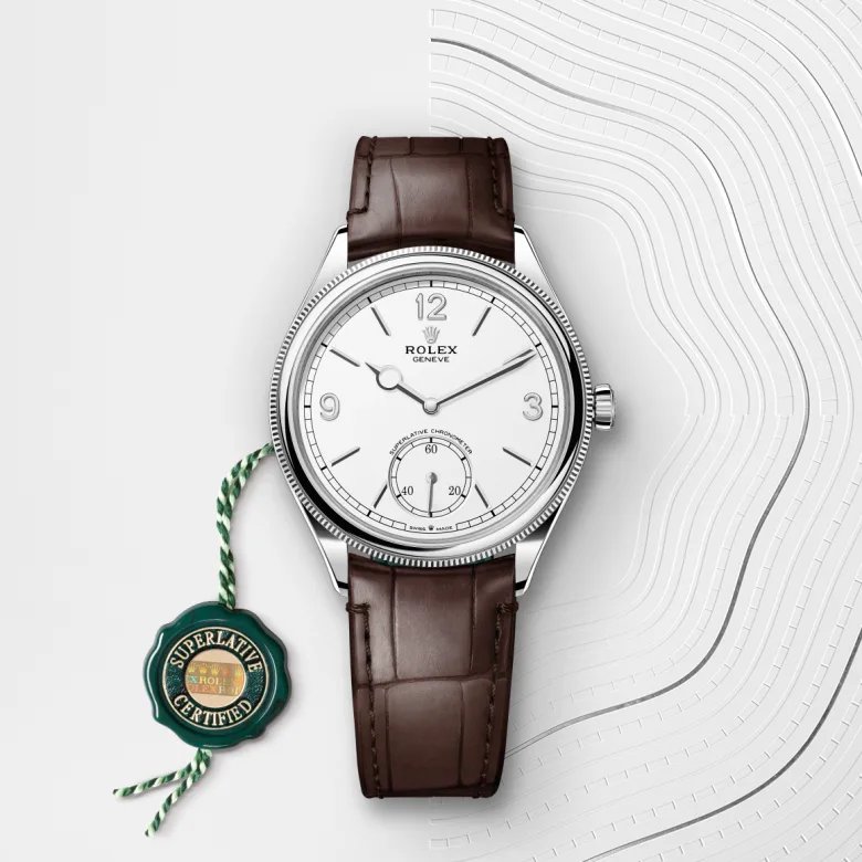 ロレックス 1908 39 mm、18 ct ホワイトゴールド、ポリッシュ仕上げ