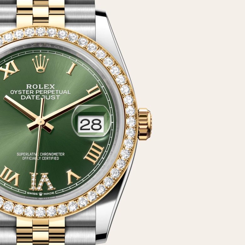 ロレックス デイトジャスト 36 オイスター、36 mm、オイスタースチール＆イエローゴールド、ダイヤモンド