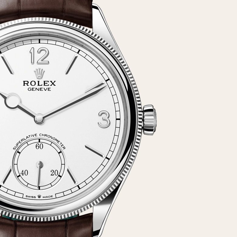 ロレックス 1908 39 mm、18 ct ホワイトゴールド、ポリッシュ仕上げ