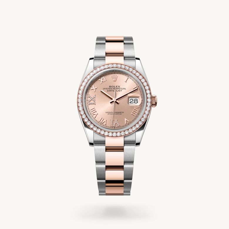 デイトジャスト 36:オイスター、36 mm、オイスタースチール＆エバーローズゴールド、ダイヤモンド