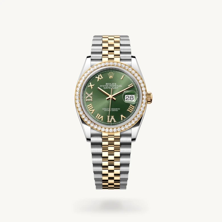 デイトジャスト 36:オイスター、36 mm、オイスタースチール＆イエローゴールド、ダイヤモンド