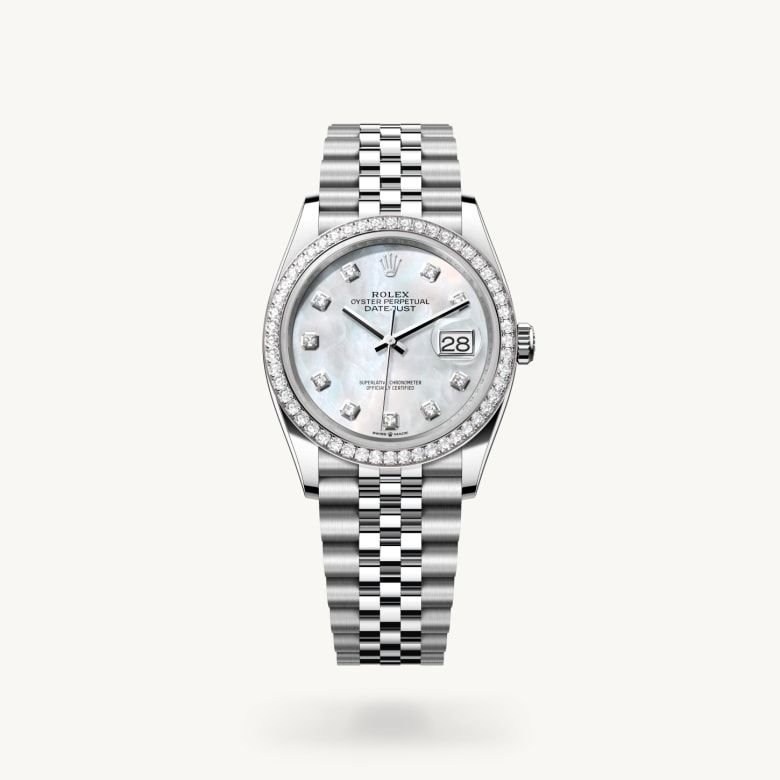 デイトジャスト 36:オイスター、36 mm、オイスタースチール＆ホワイトゴールド、ダイヤモンド