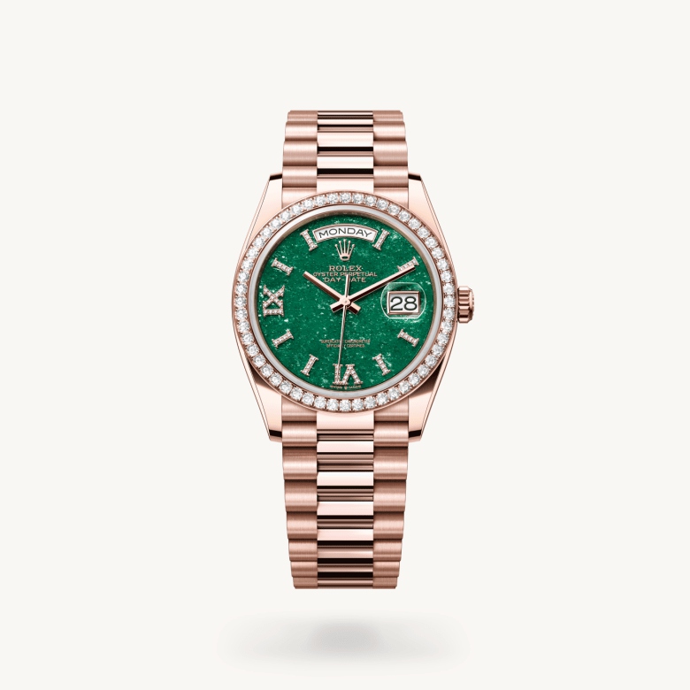 デイデイト 36:オイスター、36 mm、エバーローズゴールド、ダイヤモンド