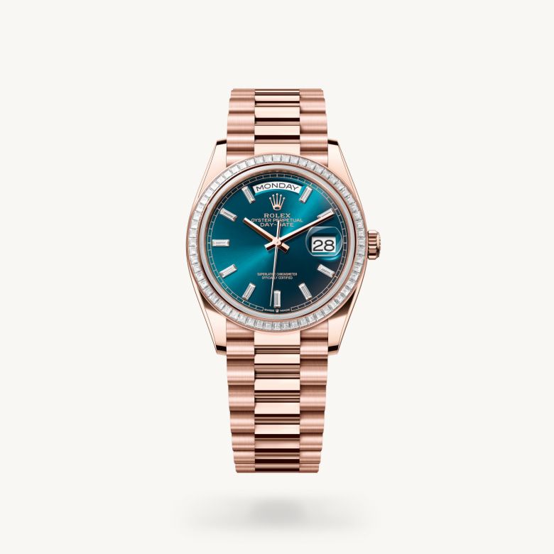 デイデイト 36:オイスター、36 mm、エバーローズゴールド、ダイヤモンド