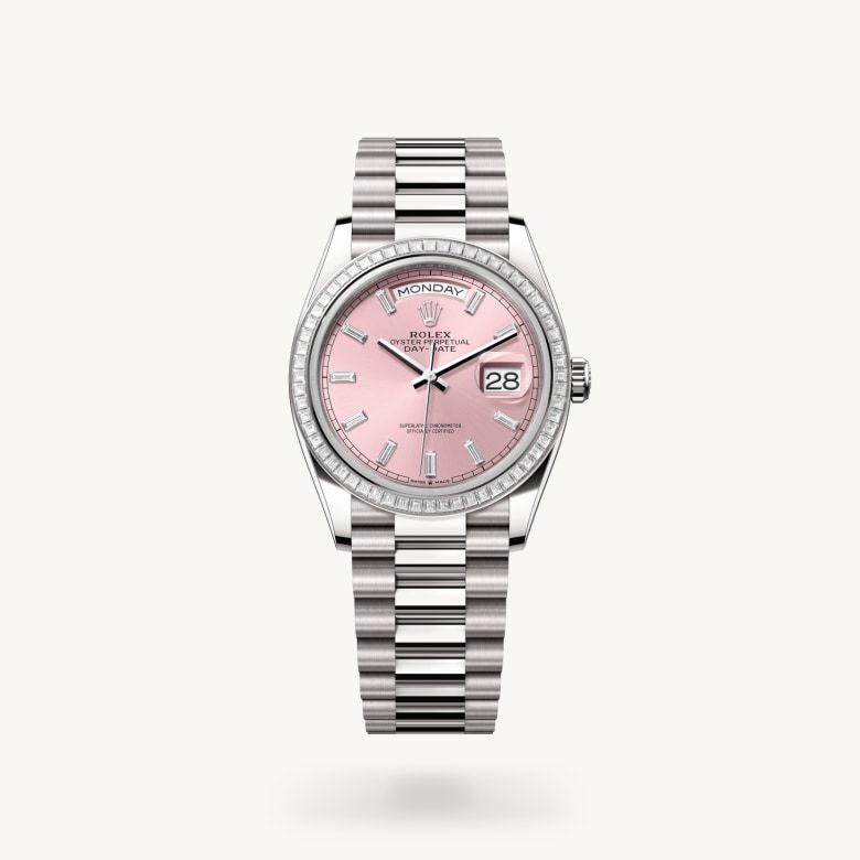 デイデイト 36:オイスター、36 mm、ホワイトゴールド、ダイヤモンド