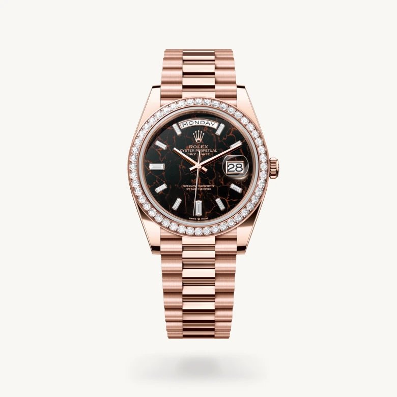 デイデイト 40:オイスター、40 mm、エバーローズゴールド、ダイヤモンド