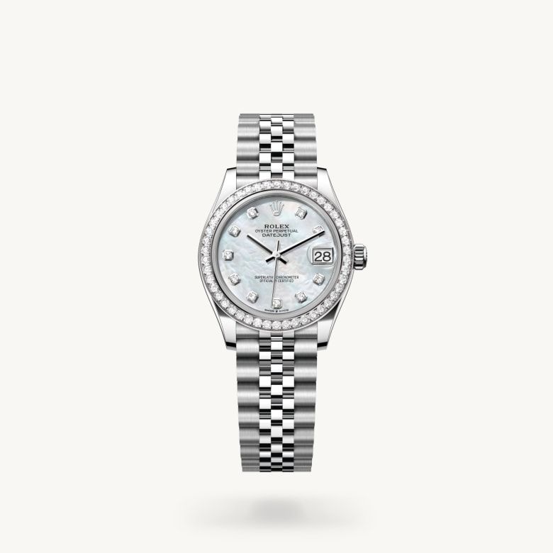 デイトジャスト 31:オイスター、31 mm、オイスタースチール＆ホワイトゴールド、ダイヤモンド