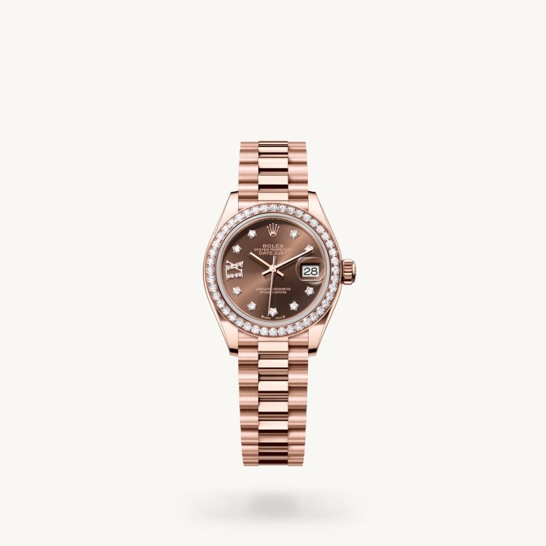 レディ デイトジャスト:オイスター、28 mm、エバーローズゴールド、ダイヤモンド