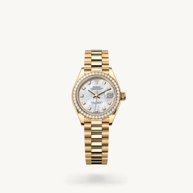 レディ デイトジャスト:オイスター、28 mm、イエローゴールド、ダイヤモンド