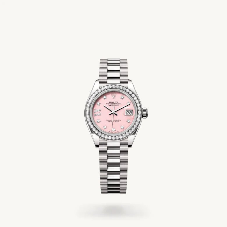 レディ デイトジャスト:オイスター、28 mm、ホワイトゴールド、ダイヤモンド