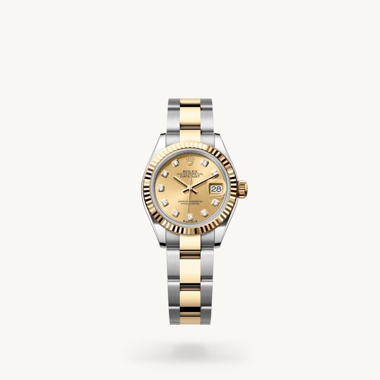 レディ デイトジャスト:オイスター、28 mm、オイスタースチール＆イエローゴールド