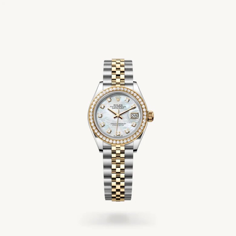 レディ デイトジャスト:オイスター、28 mm、オイスタースチール＆イエローゴールド、ダイヤモンド