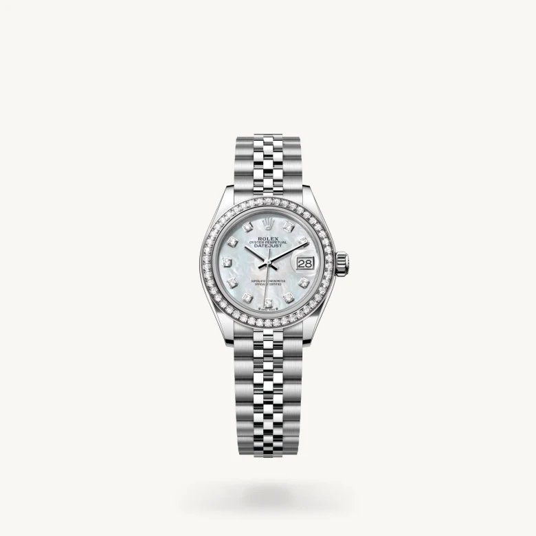 レディ デイトジャスト:オイスター、28 mm、オイスタースチール＆ホワイトゴールド、ダイヤモンド